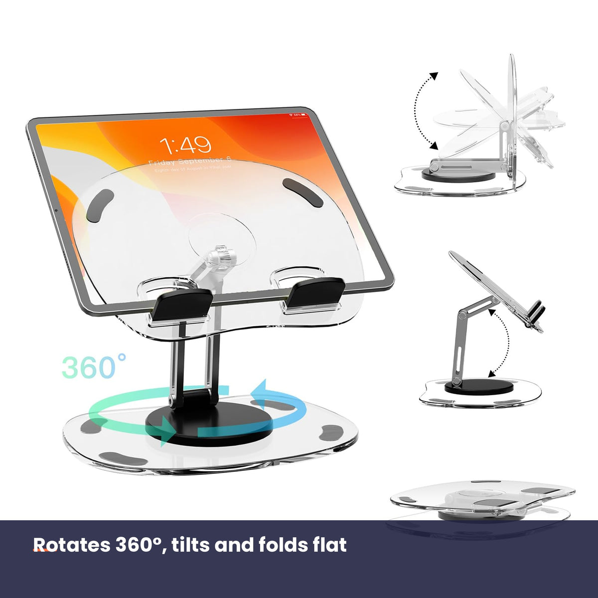 Stand rotates, tilts and folds flat