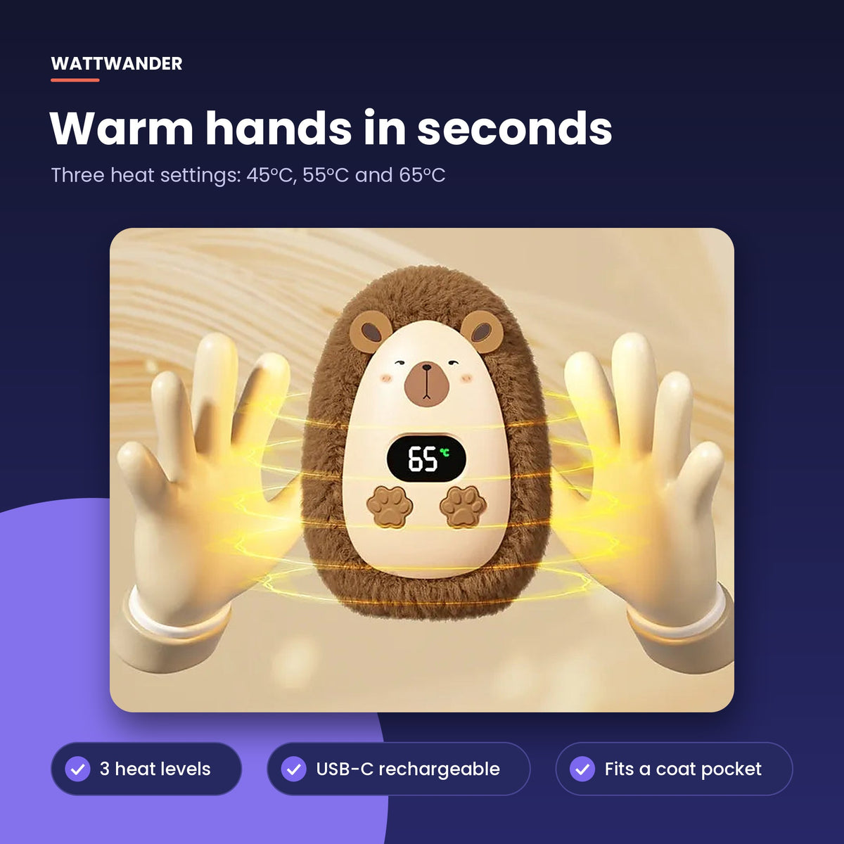 Rechargeable hand warmer with three heat settings